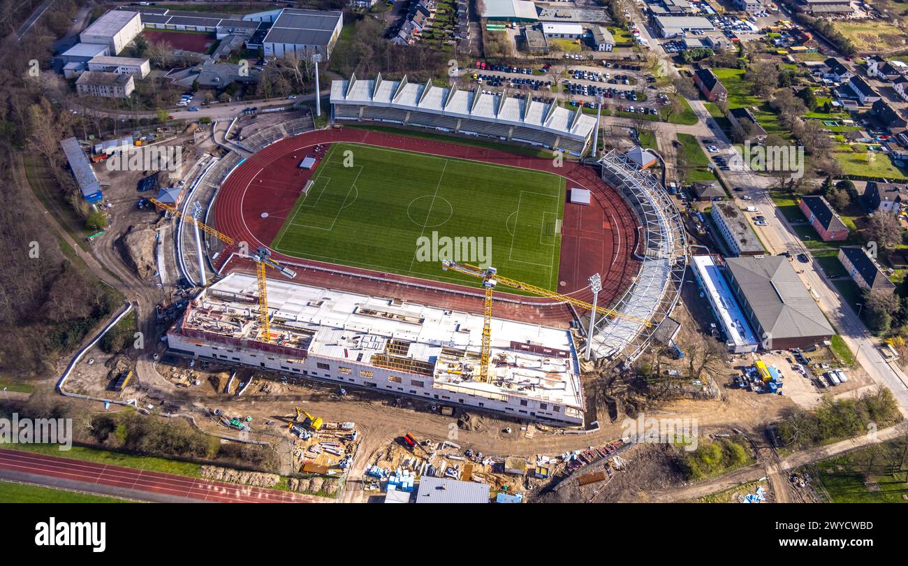 Vista aerea, Lohrheidestadion Wattenscheid, stadio di calcio e impianto di atletica di SG Wattenscheid 09, cantiere in costruzione con ricostruzione e mod Foto Stock