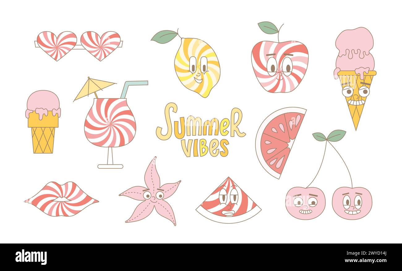 Ottima frutta estiva, gelati, stelle, cocktail. Stravaganti adesivi per mascotte. Frutti moderni vettoriali. Illustrazione Vettoriale