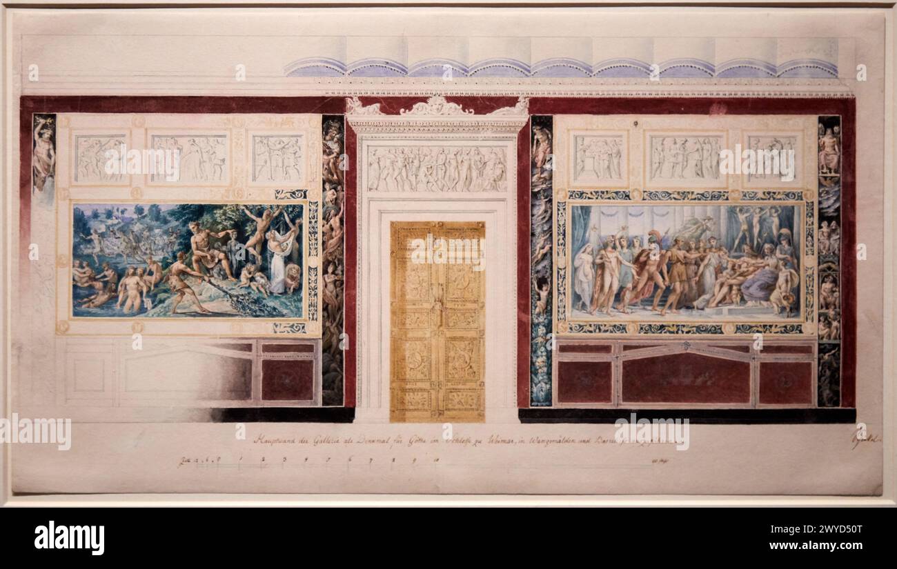 "Project de decor (non réalisé) du mur principal de la galerie Goethe au Residenzschlob, à Weimar", 1836, Karl Friedrich Schinkel, l'Allemagne Romtique Exhibition, Dessins des musées de Weimar, Petit Palais Musée des Beaux Arts de la Ville de Paris, Francia, Europa. Foto Stock