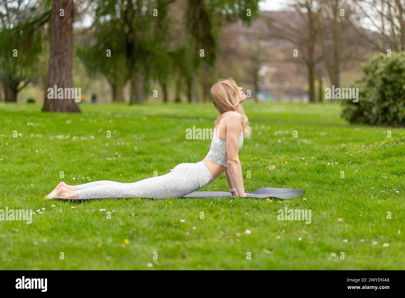 Donna che fa yoga in parco, esercizio di cobra. Foto Stock