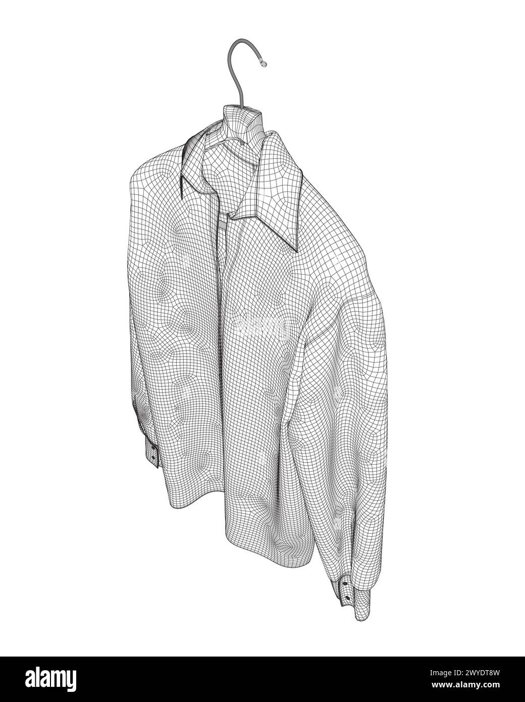 Camicia a reticolo con colletto button down isolata sul bianco. Struttura a reticolo di una camicia a maniche lunghe appesa su un gancio fatto di linee nere isolate su un whi Illustrazione Vettoriale