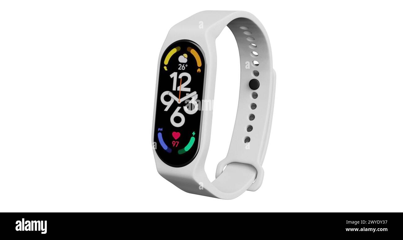 rendering 3d di smart band, orologio fitness, braccialetto sportivo o tracker fitness Foto Stock