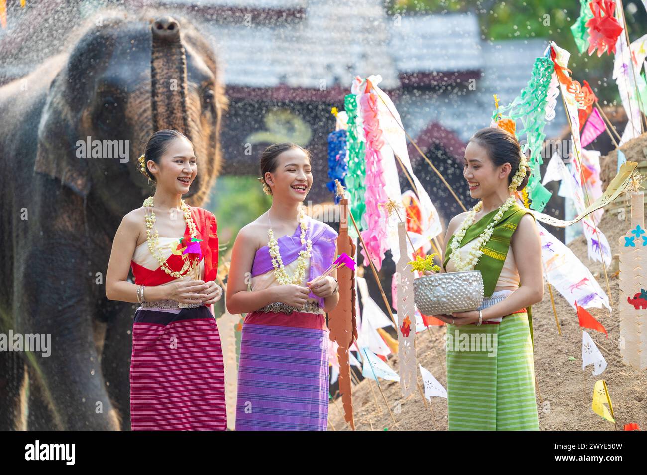 Festival di Songkran. I popoli della Thailandia del Nord indossano abiti tradizionali che spruzzano acqua insieme nel festival culturale di Songkran con il dorso di elefante Foto Stock