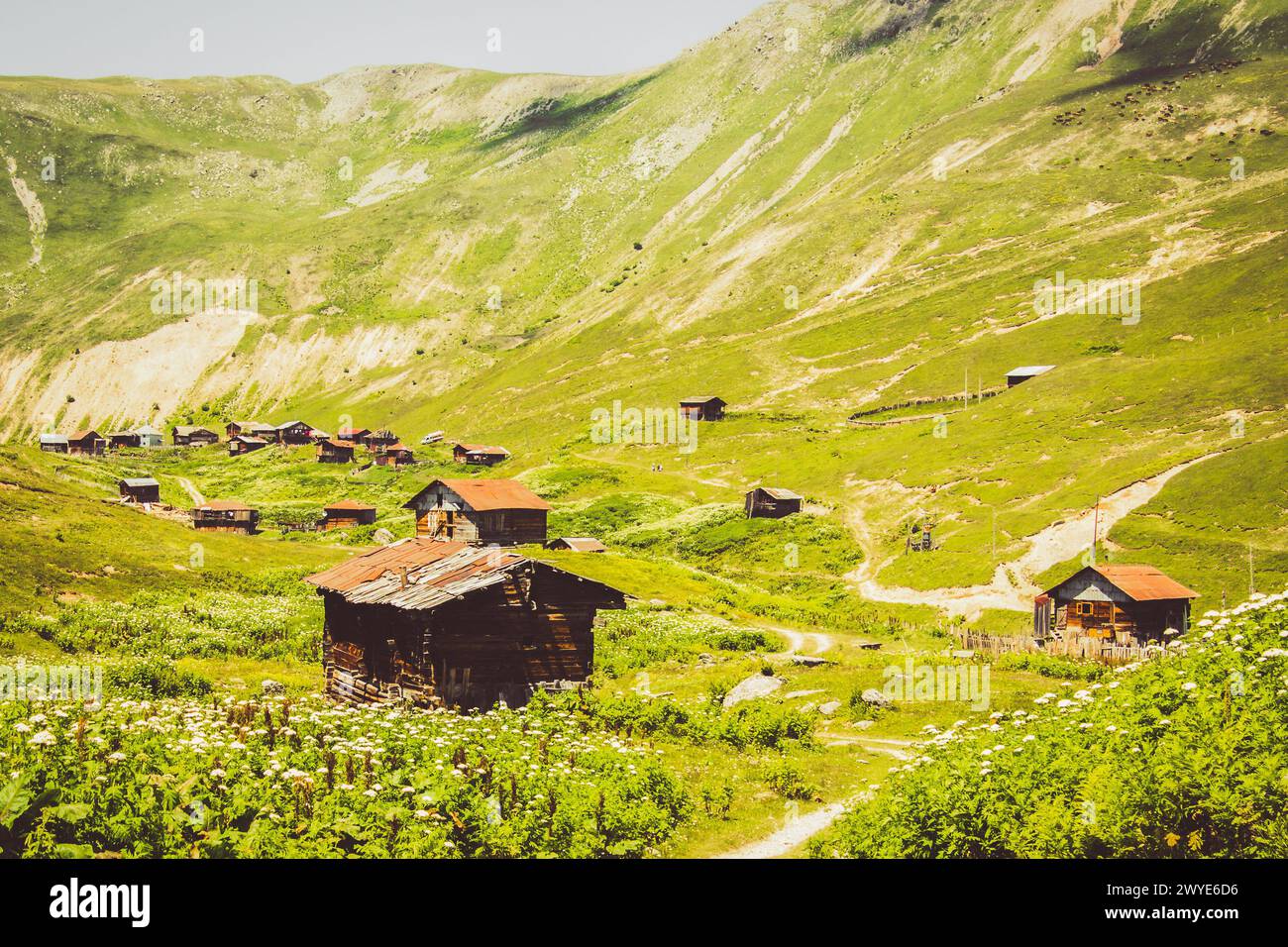 Veduta aerea del piccolo lago Shuamta circondato da case in legno del villaggio di montagna nell'alta Adjara Foto Stock