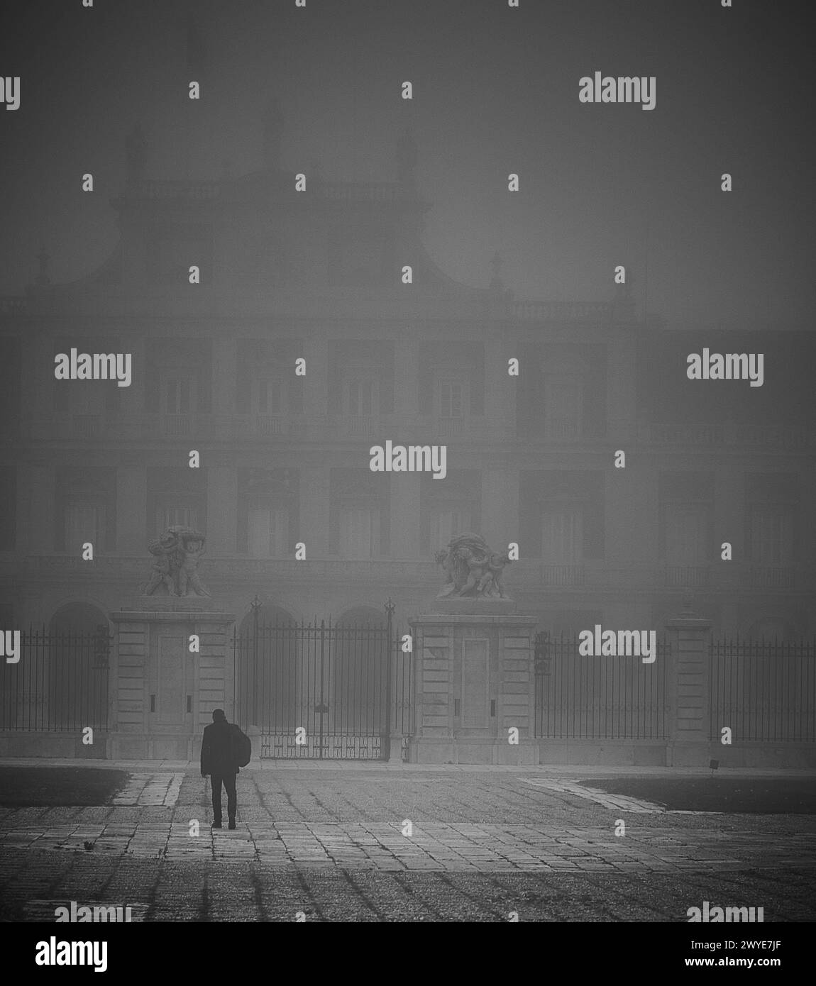 Aranjuez, nella fotografia in bianco e nero possiamo vedere la fitta neve e sullo sfondo il palazzo reale di Aranjuez con una passeggiata in sanbra Foto Stock