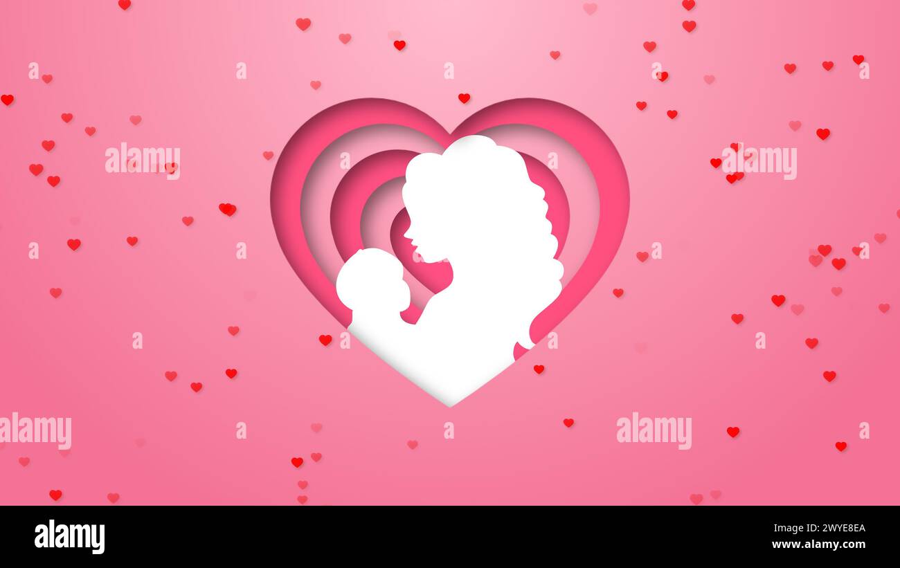 Silhouette mamma Baby a strati con forma a cuore e particelle a forma di cuore Foto Stock