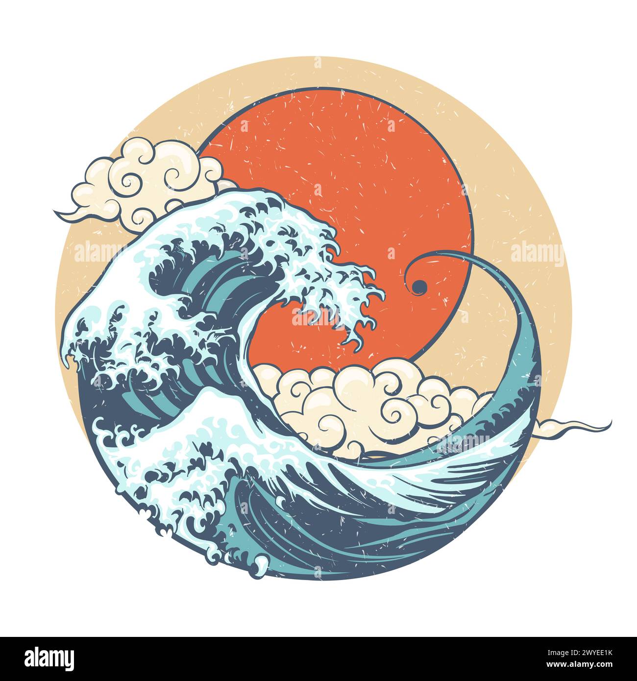 Giappone Great Wave Sun and Cloud retro Illustration isolata su sfondo bianco. Non è stata utilizzata alcuna IA. Illustrazione Vettoriale