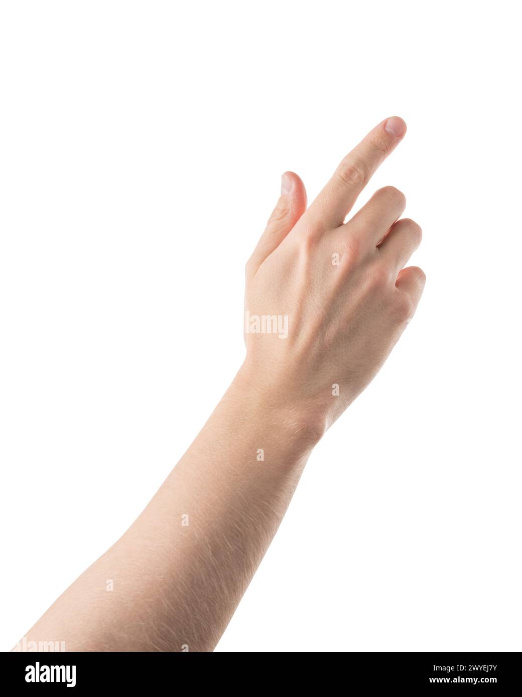 Un uomo adulto punta la mano o fai clic con il gesto isolato su sfondo bianco, con dettagli elevati Foto Stock