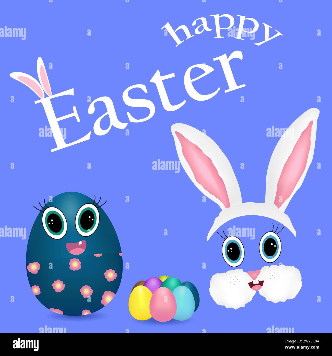 Lepre pasquale e uova colorate su sfondo blu scuro, iscrizione di buona Pasqua. Disegno a colori vettoriale Illustrazione Vettoriale