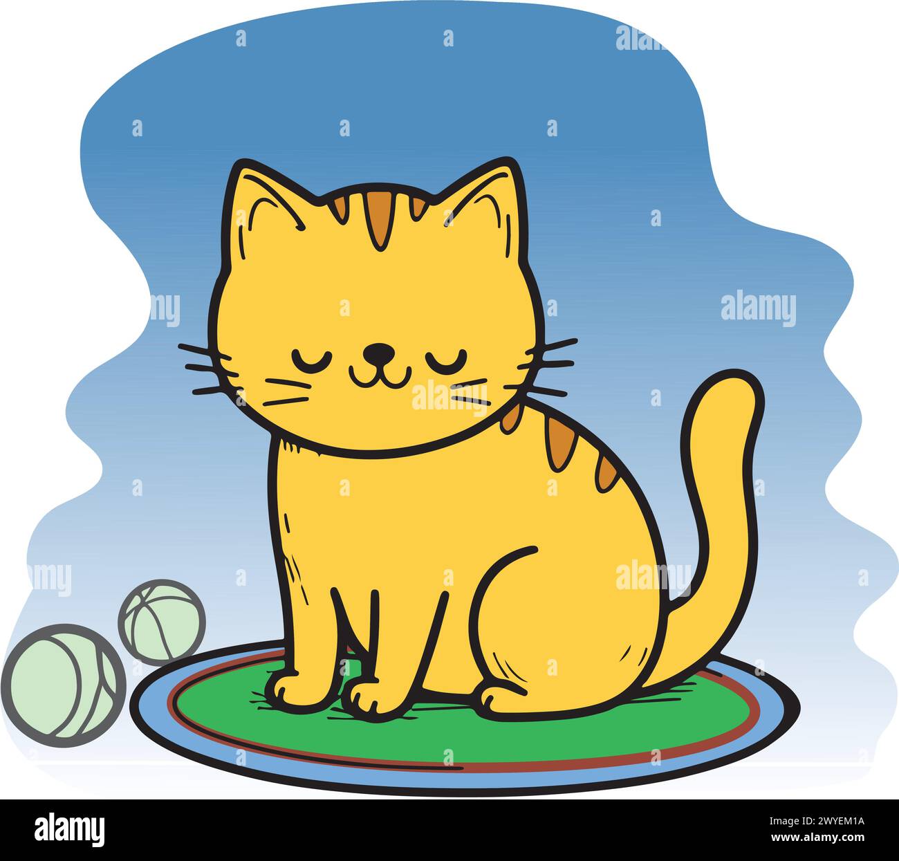 Cartoni animati, gatto dello zenzero, riposo, gioco, palle, filati, zampe, contenuti, felici, rilassati, carino, adorabile, assonnato, morbido, soffice, cucciolo, pisolino, casa, al chiuso, vento Illustrazione Vettoriale