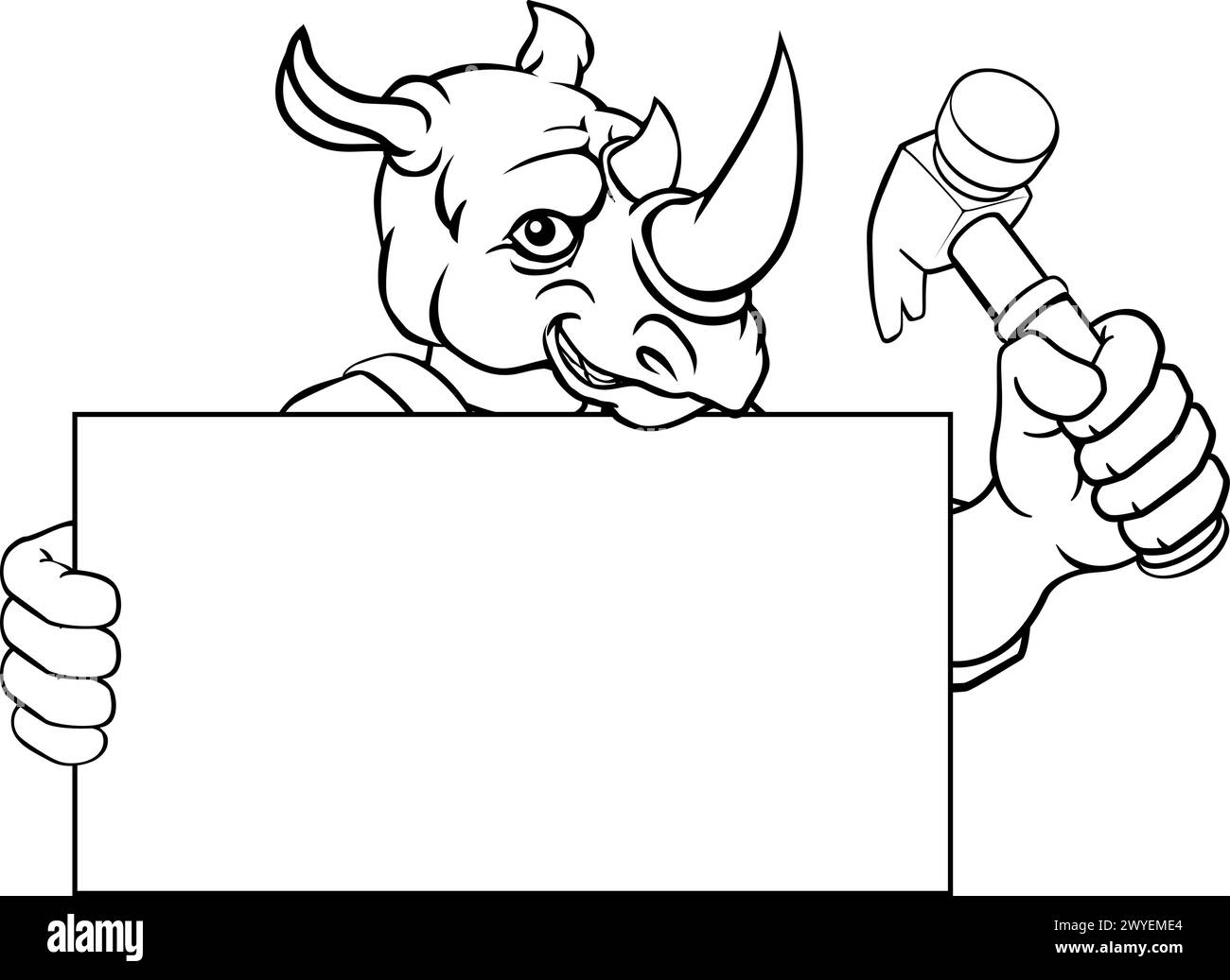 Rhino Hammer Cartoon Mascot Handyman Carpenter Illustrazione Vettoriale