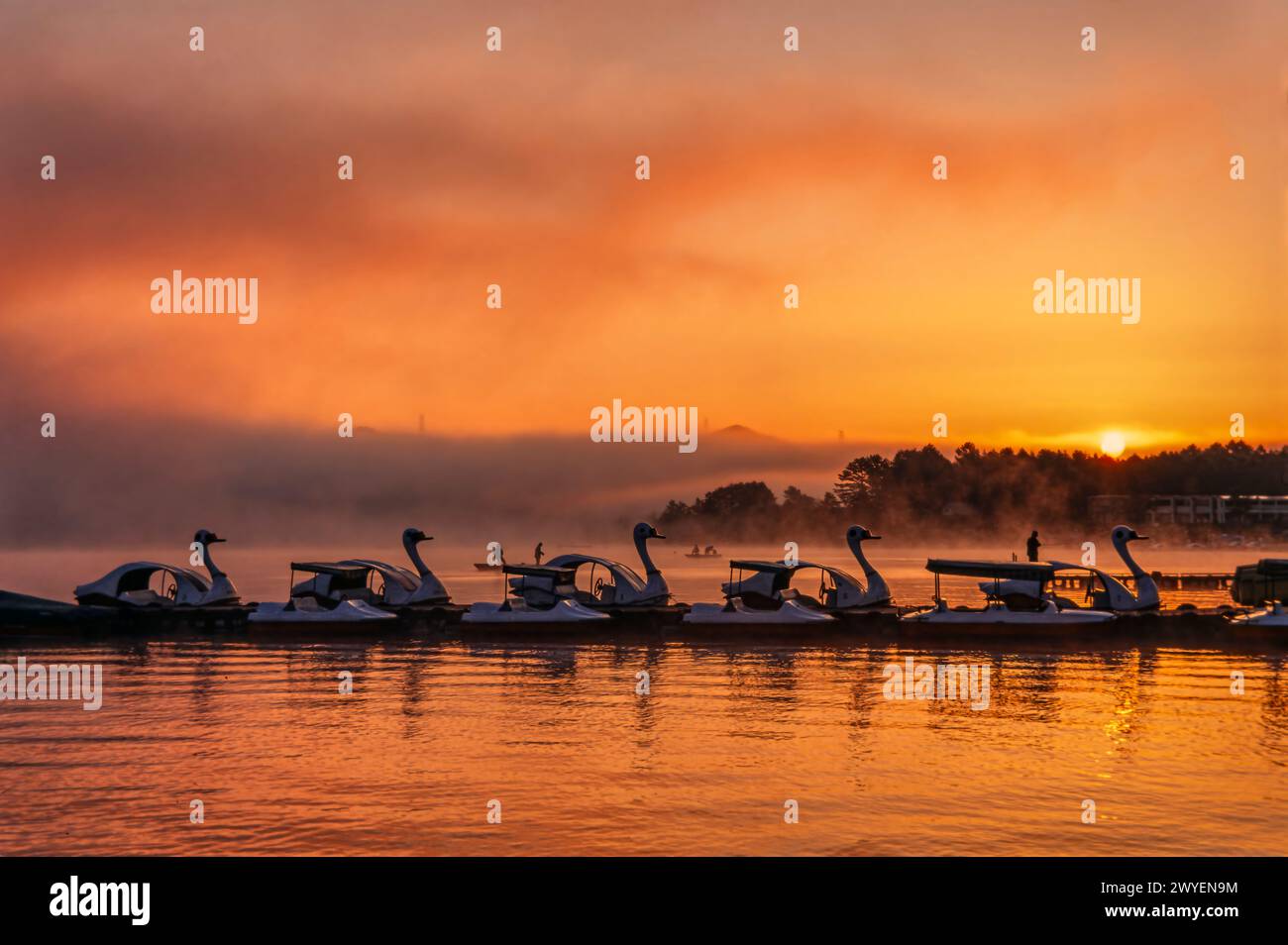 Alba sul lago Kawaguchi, Giappone, con barche a pedali a cigno in primo piano Foto Stock