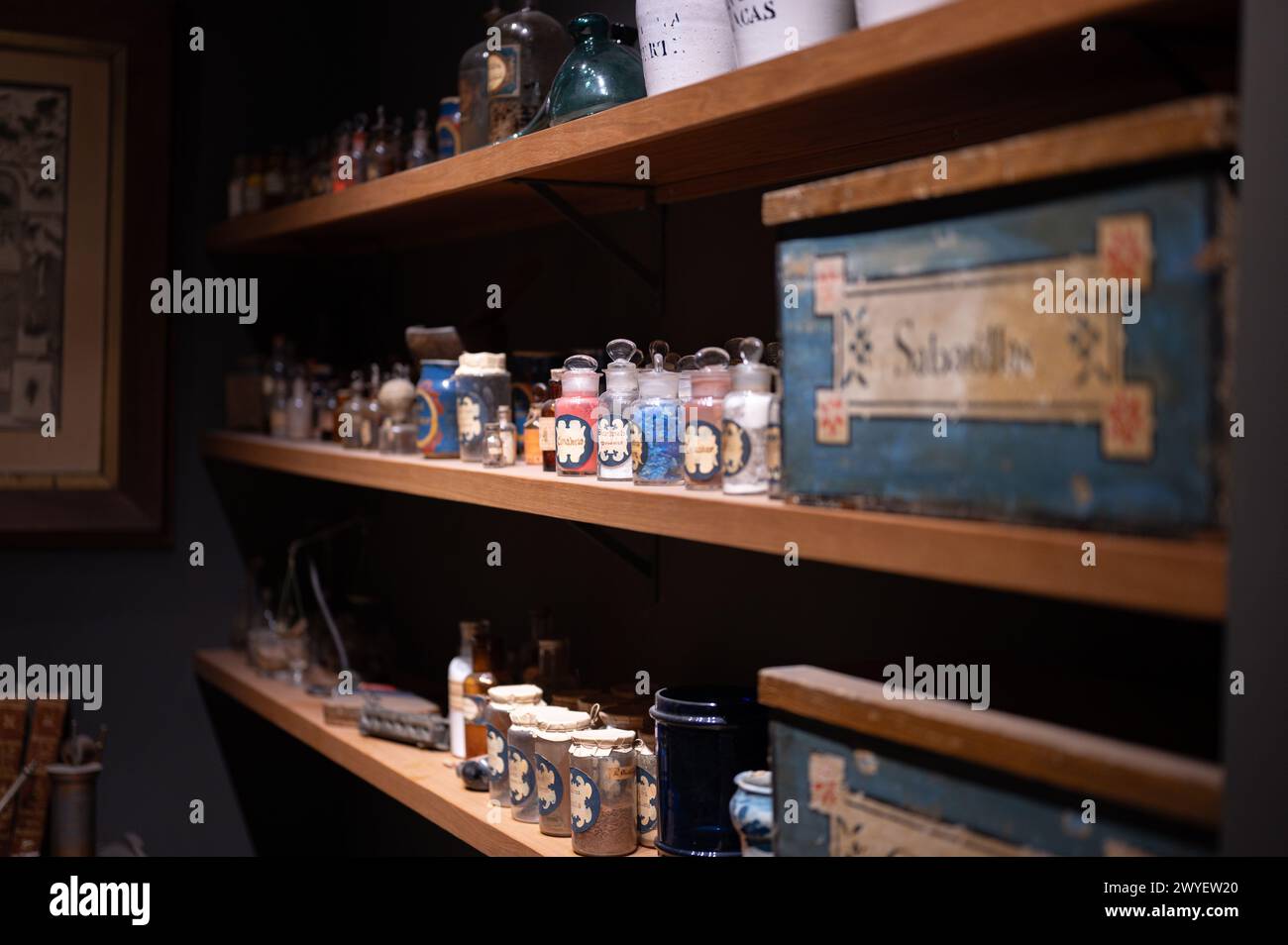 La Farmacia Antica mensola Laden con risorse e prodotti medicinali a base di erbe nel Museo Comunale di Llivia Foto Stock