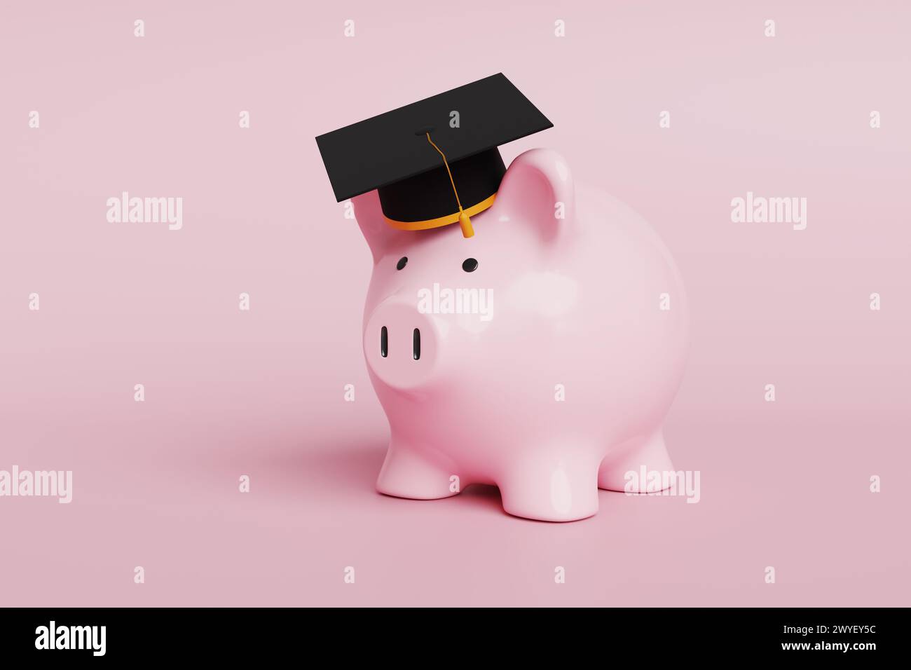 Salvadanaio rosa che indossa un berretto universitario su sfondo rosa. Concetto di università, neolaureati, istruzione e corsi di laurea Foto Stock