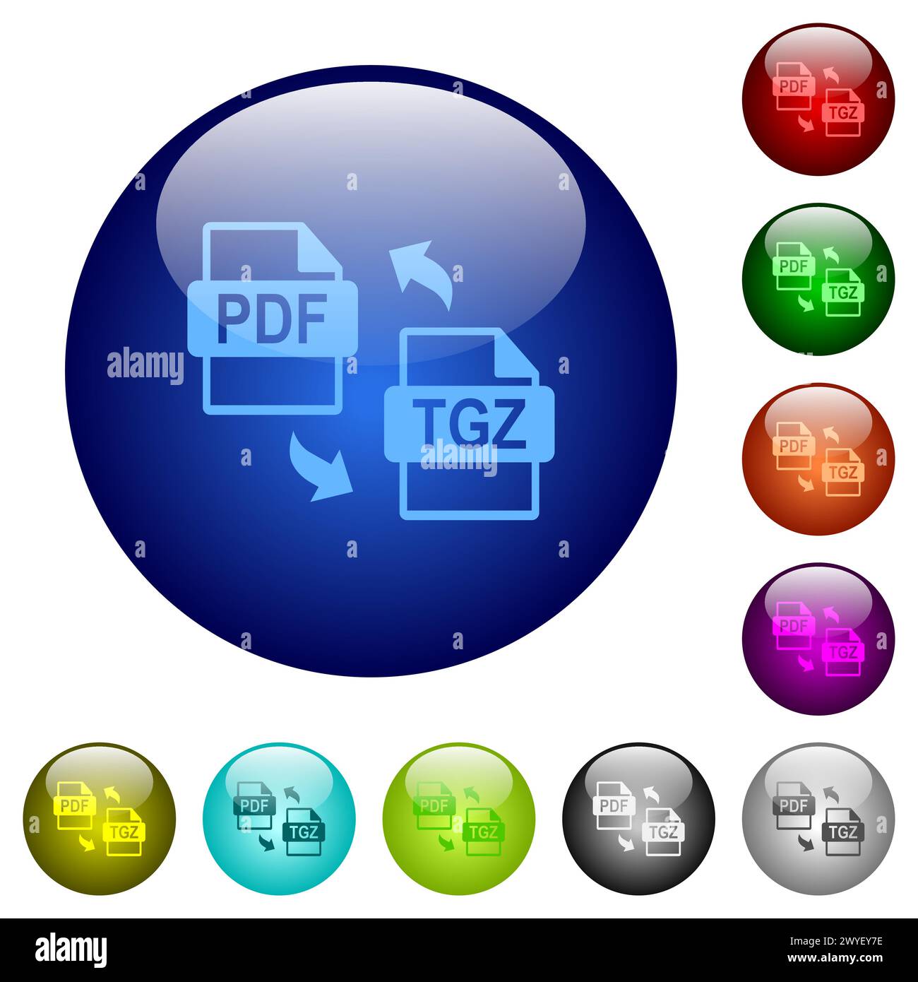 Icone di compressione file PDF TGZ su pulsanti rotondi in vetro in più colori. Struttura di livello disposta Illustrazione Vettoriale