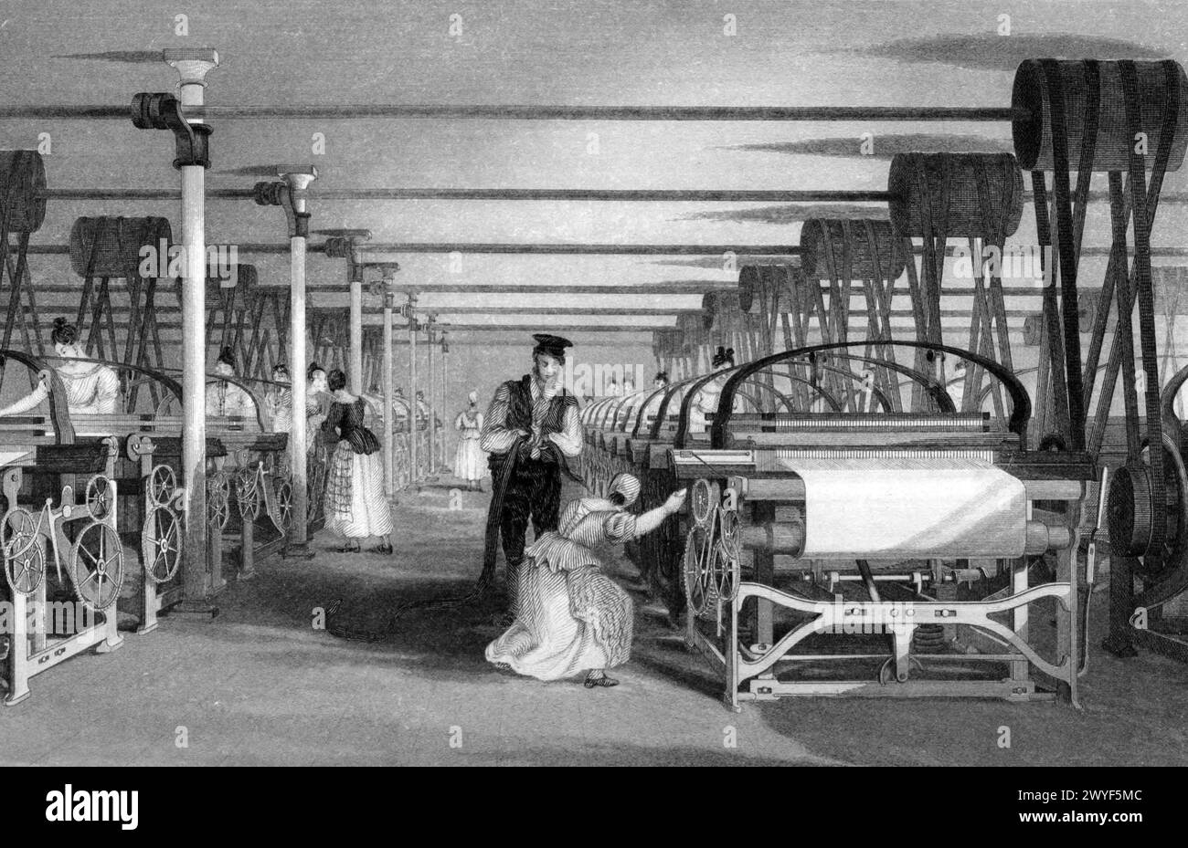 Illustrazione dell'ondulazione del telaio elettrico. Storia della produzione del cotone nella rivoluzione industriale britannica Foto Stock