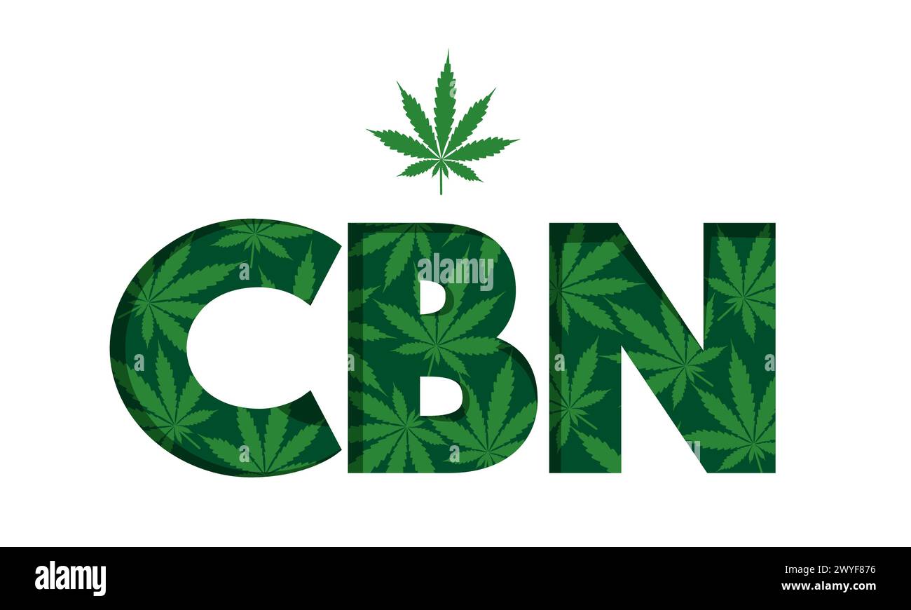 CBN abbreviazione di cannabinolo, lettere create da foglie di cannabis. Componente per uso medico costituente della pianta di cannabis. Ottimo per la progettazione di etichette, broc Illustrazione Vettoriale