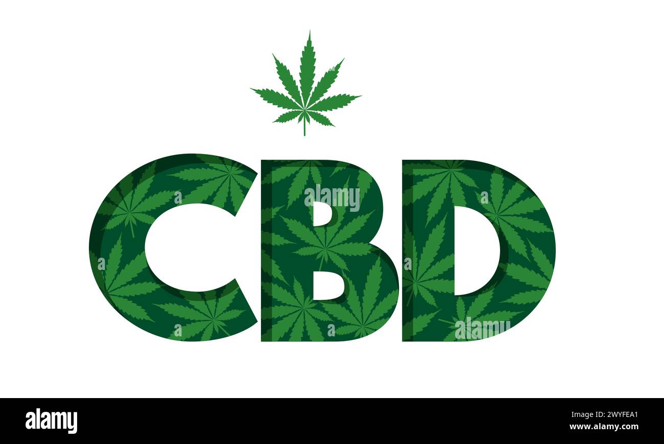 CBD abbreviazione di cannabidiolo, lettere create da foglie di cannabis. Componente per uso medico costituente della pianta di cannabis. Ottimo per la progettazione di etichette, fratello Illustrazione Vettoriale