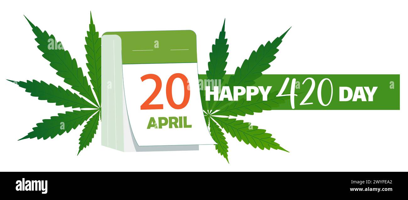 Buon giorno 420, giornata Internazionale delle erbacce con la data del calendario del 20 aprile organizzato canapa marijuana foglie. Illustrazione vettoriale, ideale per pos Illustrazione Vettoriale
