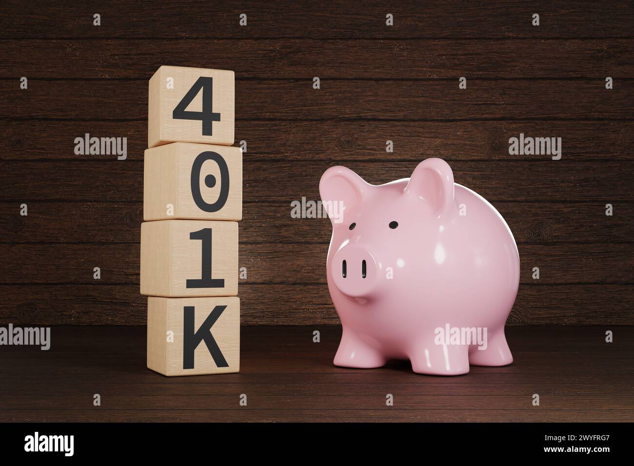 Salvadanaio rosa in piedi accanto a una pila di blocchi di legno che mostrano il termine 401K su sfondo di legno. Previdenza sociale, pensioni e piani pensionistici Foto Stock