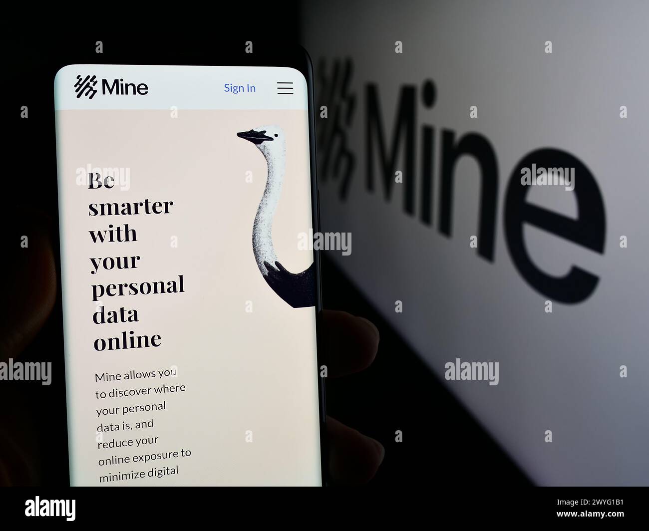 Persona che detiene un cellulare con una pagina Web della società del sistema operativo Saymine Technologies Ltd. (Mio) con logo. Messa a fuoco al centro del display del telefono. Foto Stock