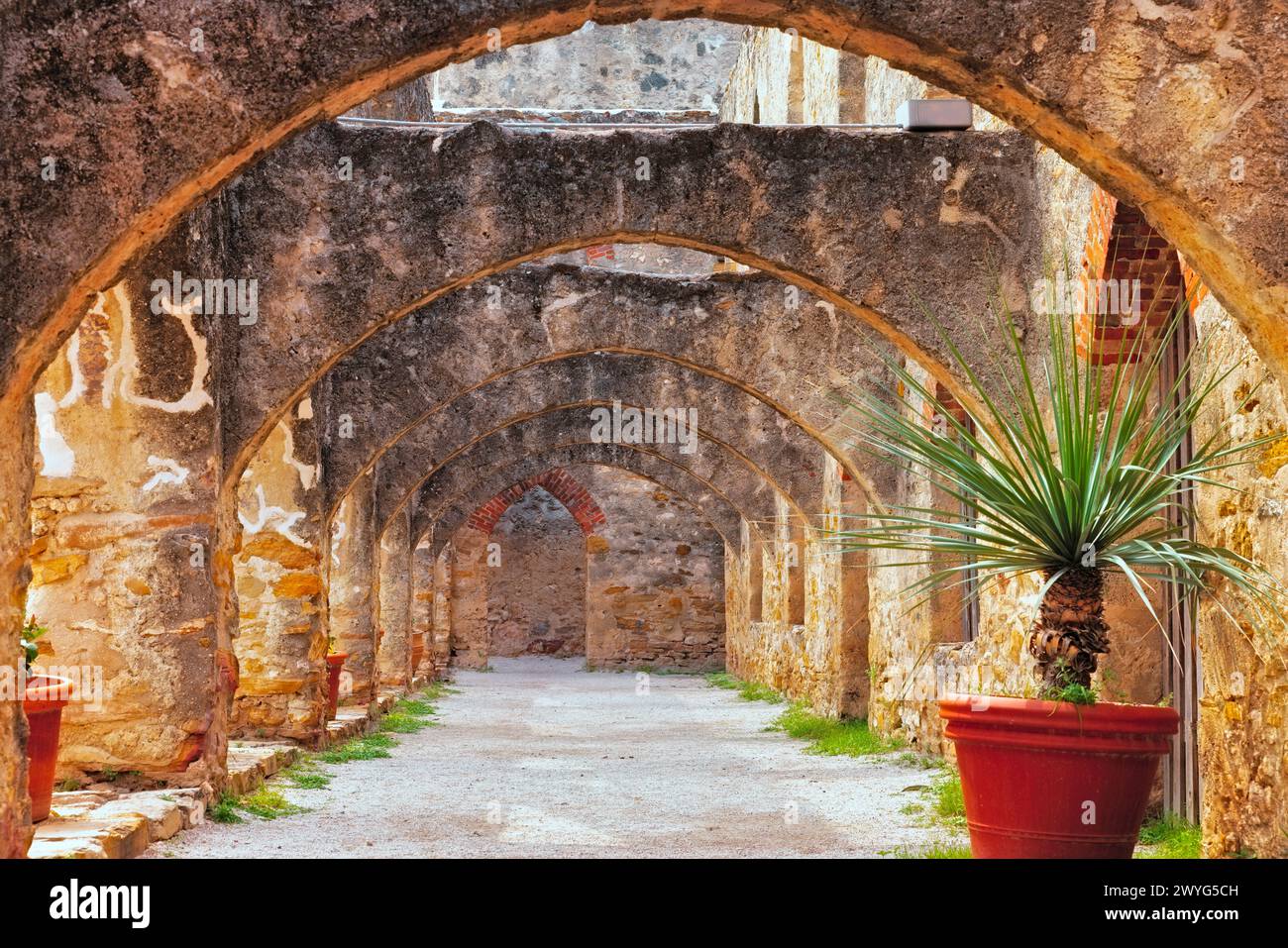 Arco di pietra passeggiata del Convento nella missione di San Jose , San Antonio, Texas Foto Stock