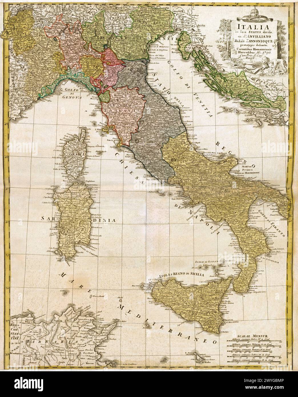 Mappa d'epoca della Svizzera e dell'Italia di Homann Johann Baptiste 1790 nella New York Public Library Foto Stock