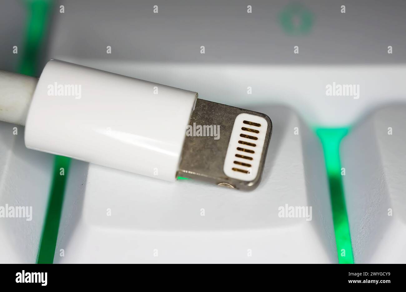 Viersen, Germania - 2 aprile. "024: Panoramica dall'alto verso il basso di un connettore di alimentazione e dati Apple Lightning isolato con otto pin sulla tastiera del computer Foto Stock