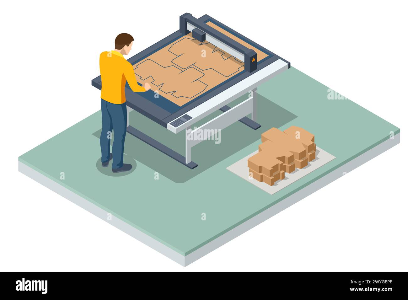 Isometric, Cutter in una tipografia. Plotter di taglio. Apparecchiature per impianti di produzione di tipografie. Quell'uomo sta lavorando con il laser cutter Illustrazione Vettoriale