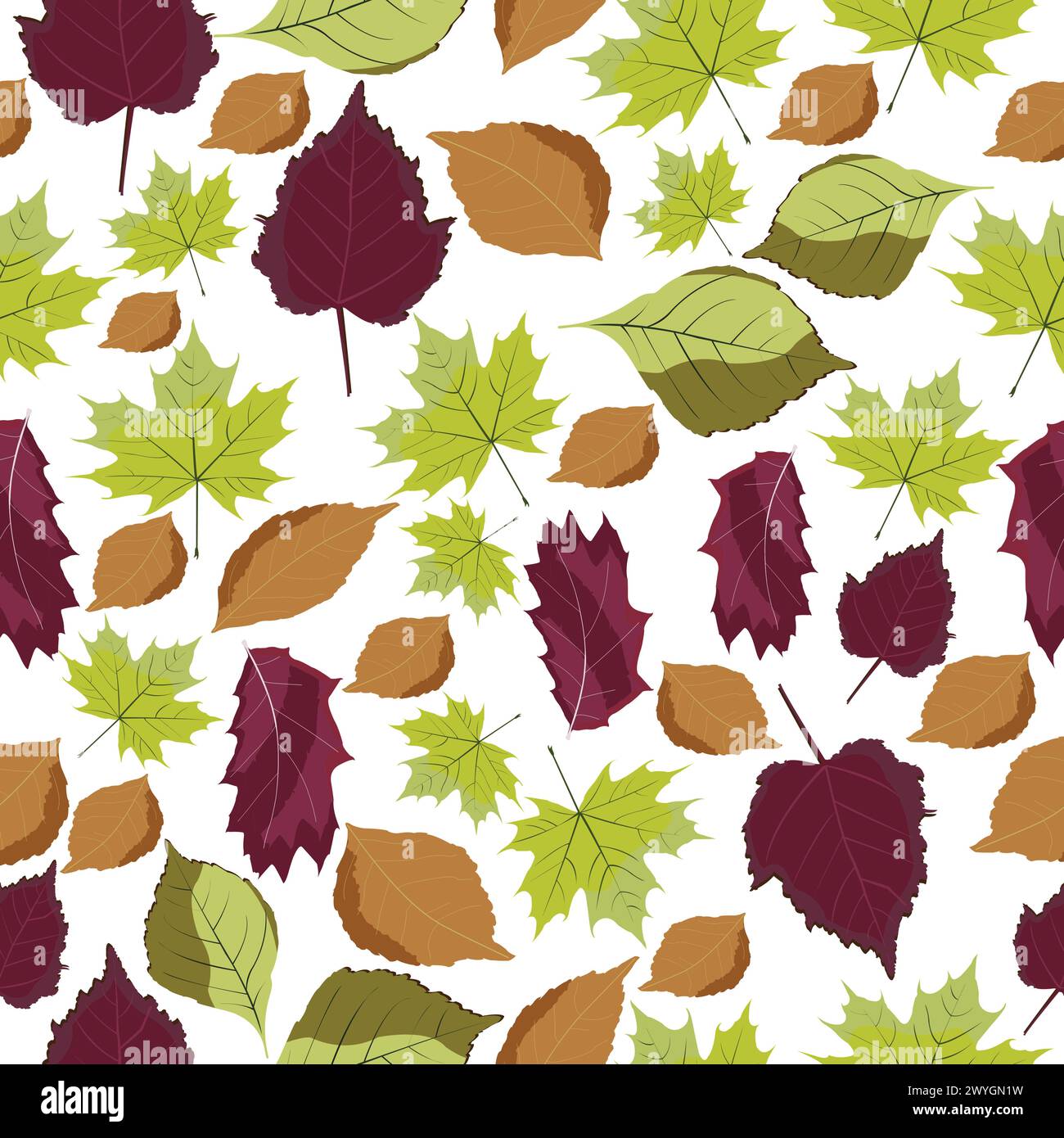 foglie colorate motivo senza cuciture con foglie marroni, verdi e clareti Illustrazione Vettoriale