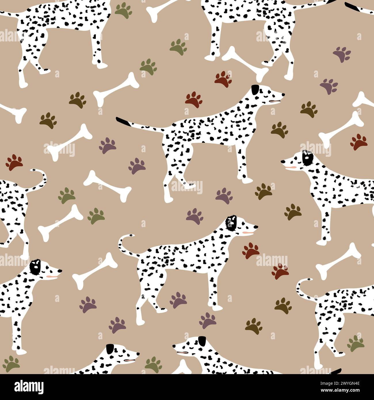 Silhouette dalmata per cani in piedi motivo senza cuciture; cani carini con ossa e segni di zampa da stampare su accessori per cani Illustrazione Vettoriale