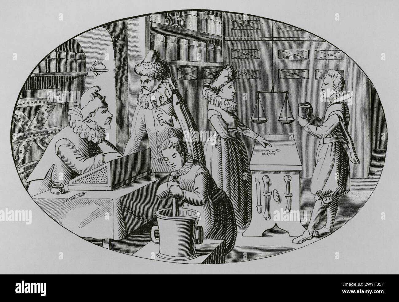 Farmacista e droghiere francese, XVI secolo. Incisione su un'illustrazione di Jean de Vries del XVI secolo. "Moeurs, usages et costumes au moyen-âge et à l'époque de la Renaissance", di Paul Lacroix. Parigi, 1878. Foto Stock