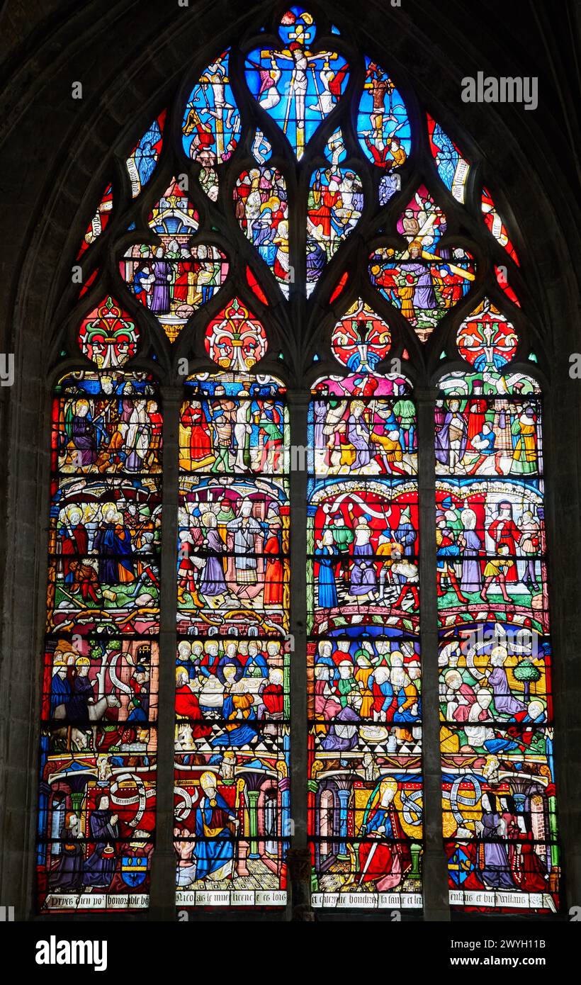 La Passion, a. 1494, vetrate colorate, chiesa di Sainte-Madeleine, Troyes, regione Champagne-Ardenne, dipartimento Aube, Francia, Europa. Foto Stock