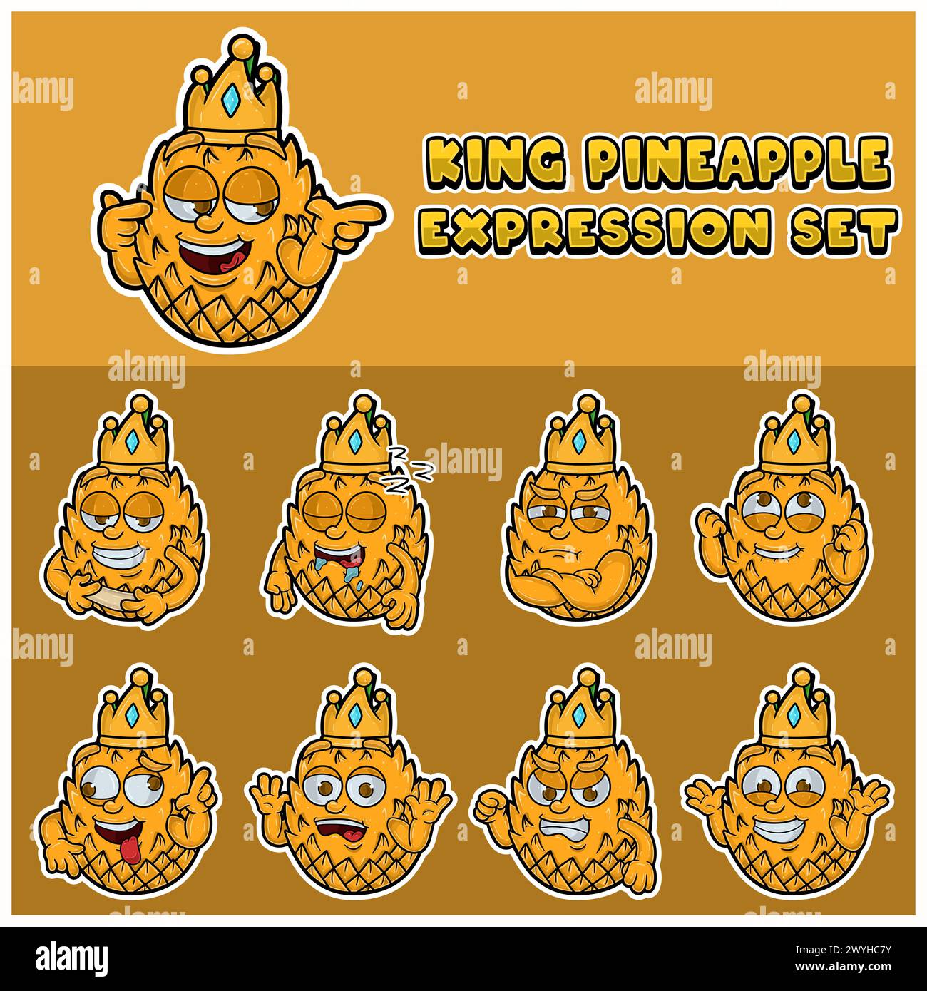 Cartoon Mascot of Pineapple Character con re ed espressioni. Vettore e illustrazione Illustrazione Vettoriale
