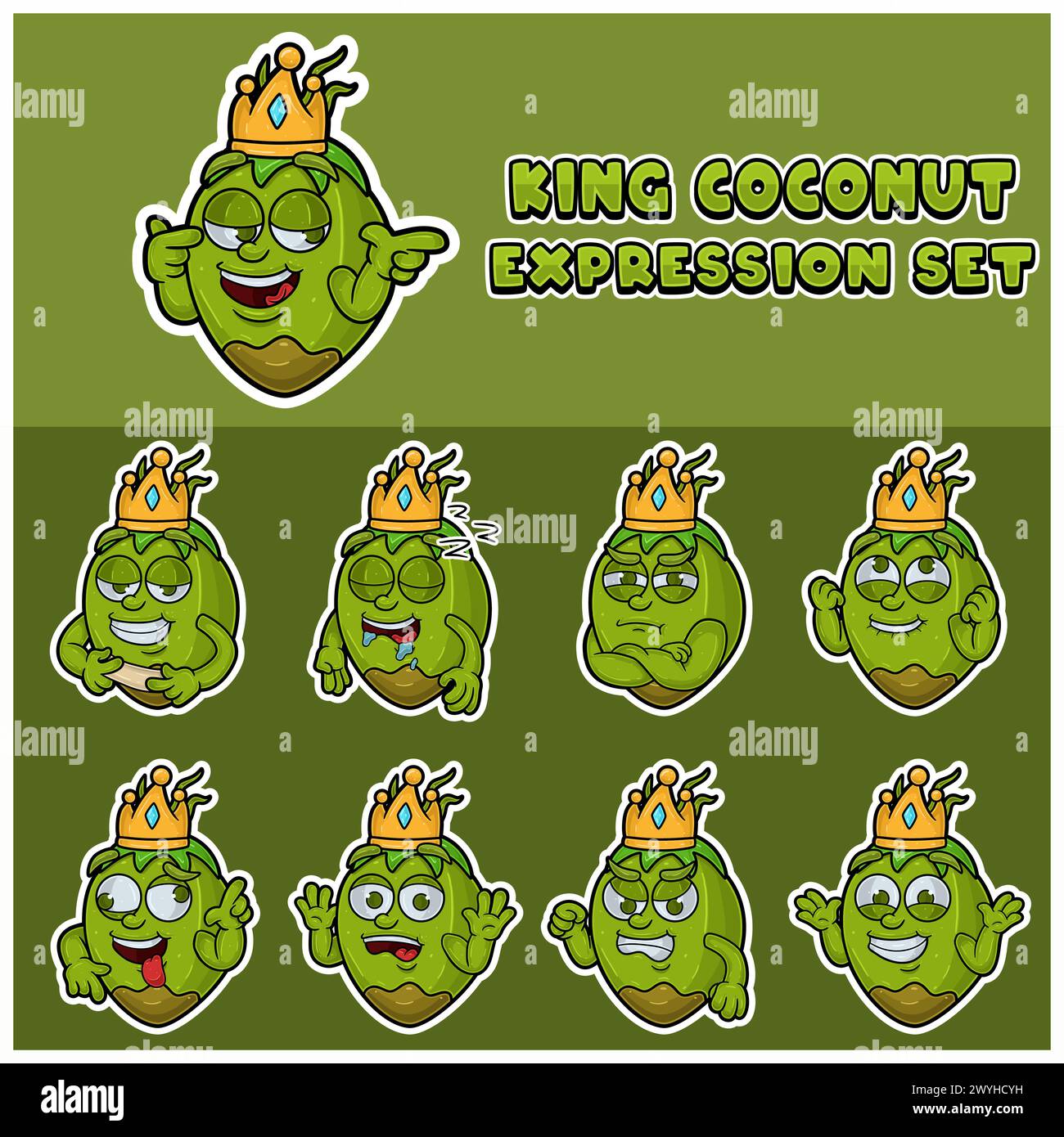 Cartoon Mascot of Coconut Fuit character with king and Expression set. Vettore e illustrazione Illustrazione Vettoriale