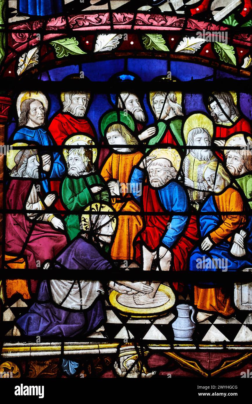 La Passion, a. 1494, vetrate colorate, chiesa di Sainte-Madeleine, Troyes, regione Champagne-Ardenne, dipartimento Aube, Francia, Europa. Foto Stock