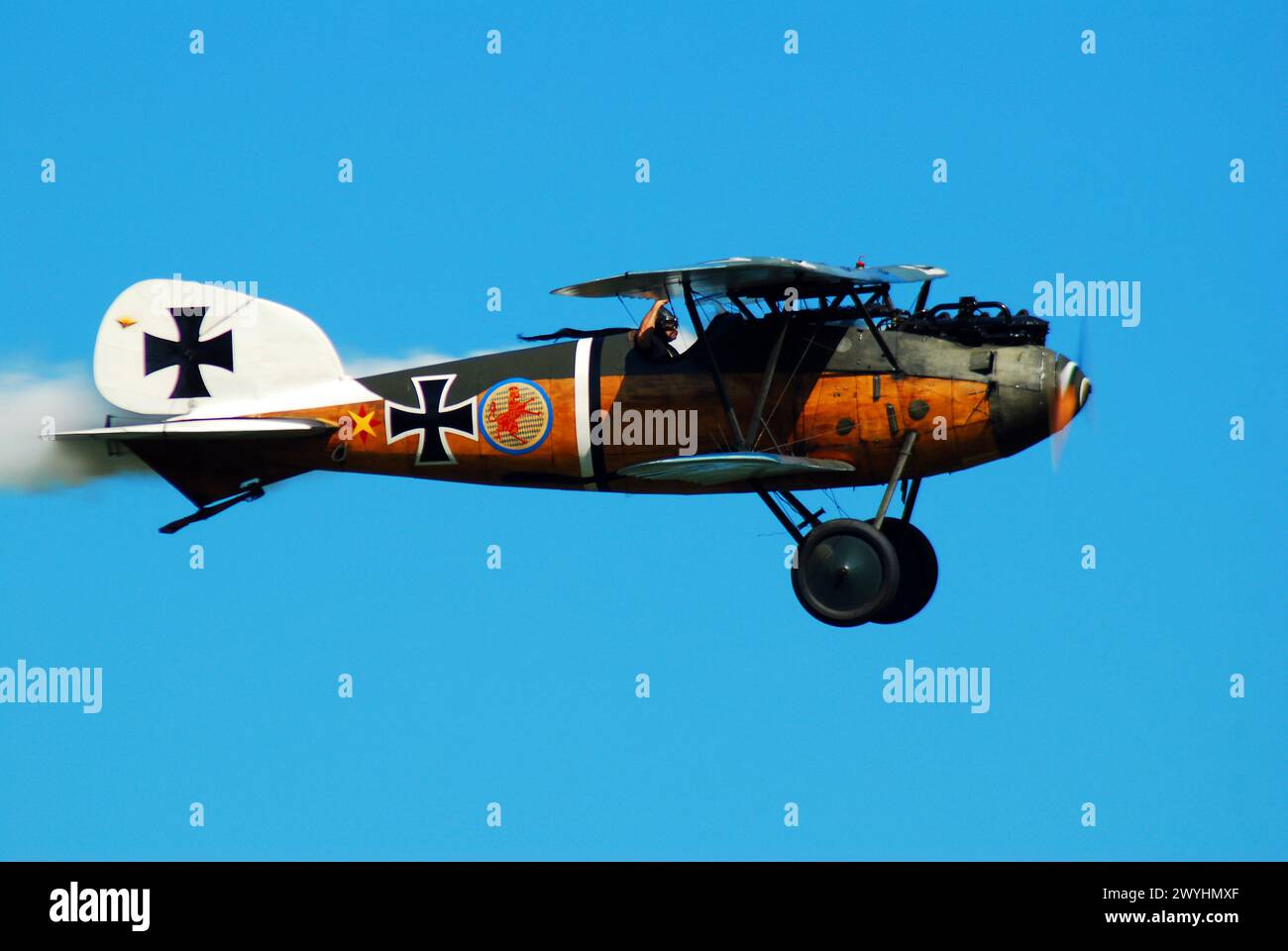 Un biplano tedesco Albatross D va dell'era della prima guerra mondiale vola in una dimostrazione di aviazione ad una fiera aerea Foto Stock