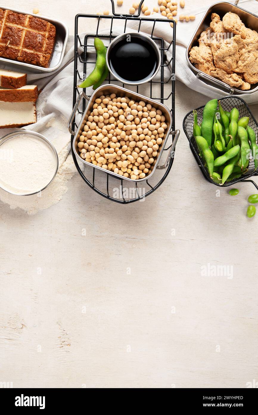 Vari prodotti di soia con semi di soia, tofu, salsa di soia e latte di soia su sfondo chiaro. Vista dall'alto. Copia spazio. Foto Stock