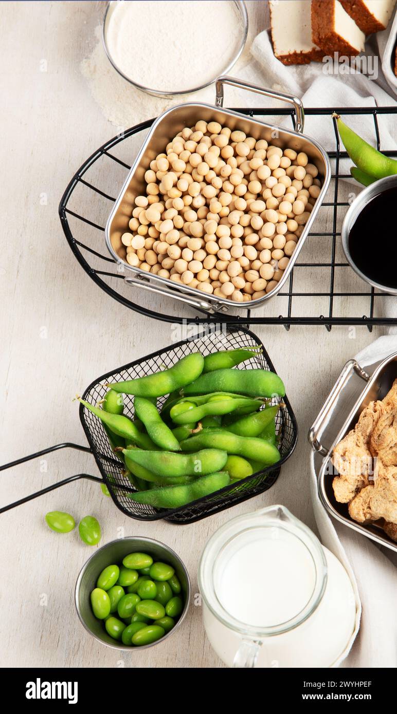 Vari prodotti di soia con semi di soia, tofu, salsa di soia e latte di soia su sfondo chiaro. Vista dall'alto. Copia spazio. Foto Stock
