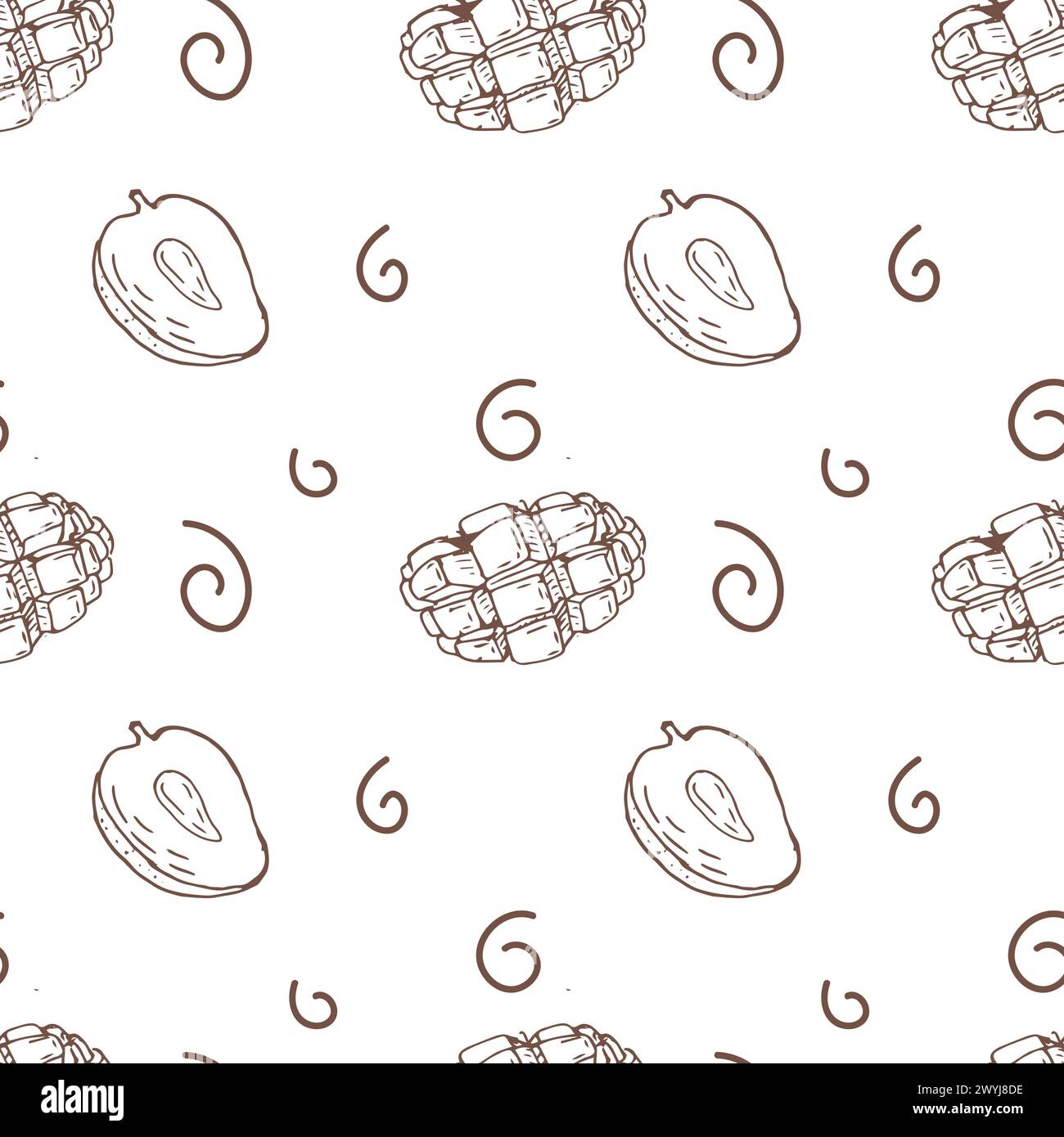 Fondo di mango con frutta tropicale senza cuciture. L'illustrazione vettoriale può essere utilizzata per l'imballaggio di carta, sfondo, poster e sfondo. Schizzo di contorno mango. Illustrazione Vettoriale