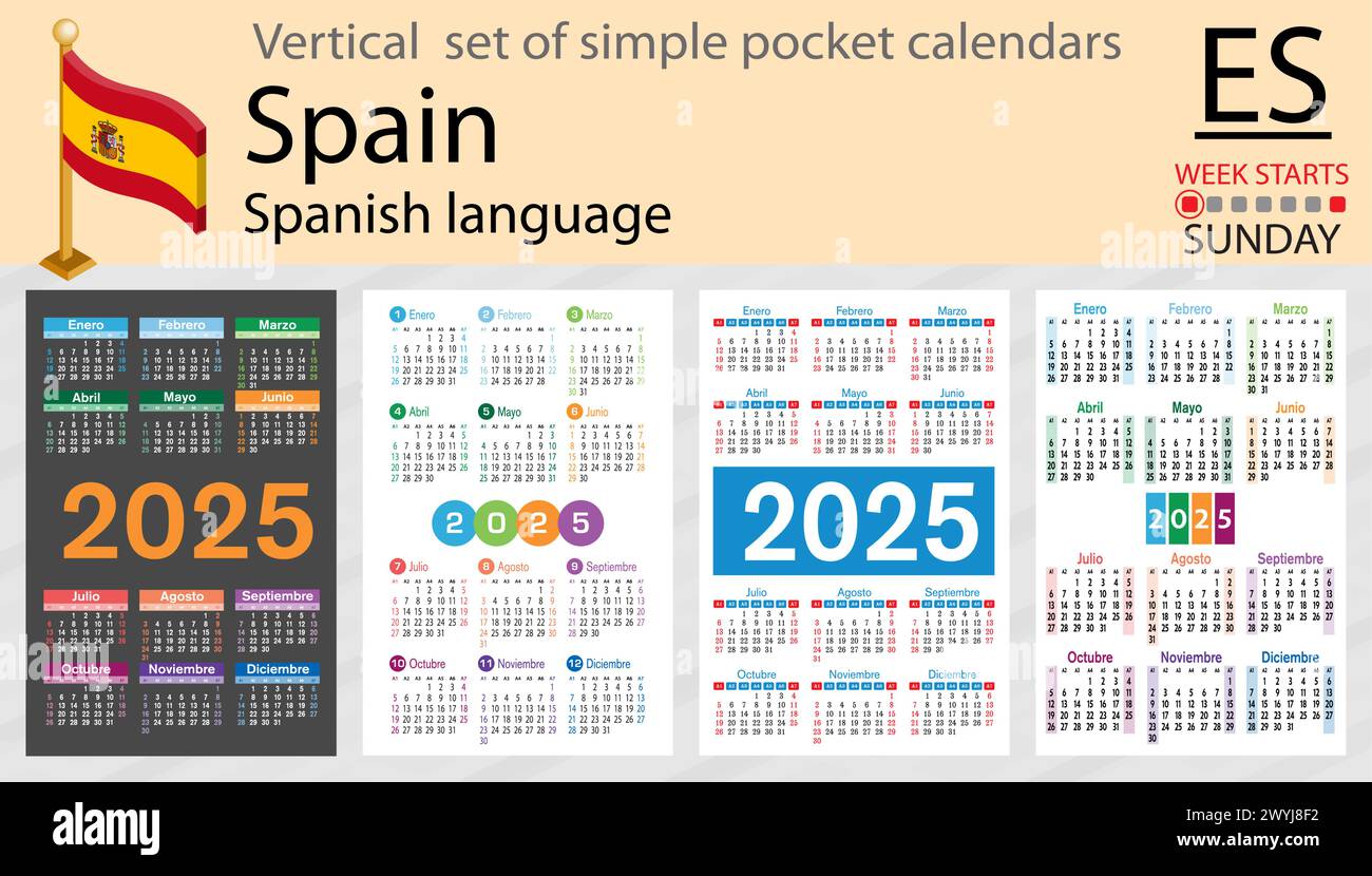 Serie verticale spagnola di calendario tascabile per il 2025 (duemila venticinque). La settimana inizia domenica. Anno nuovo. Design semplice a colori. Vettore Illustrazione Vettoriale