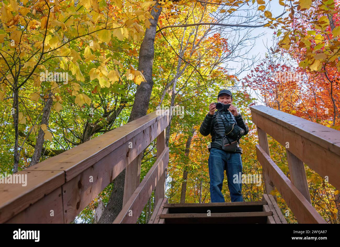 Turisti che scattano foto sui sentieri escursionistici tra i colori autunnali. Mont Tremblant. Québec. Canada. Foto Stock