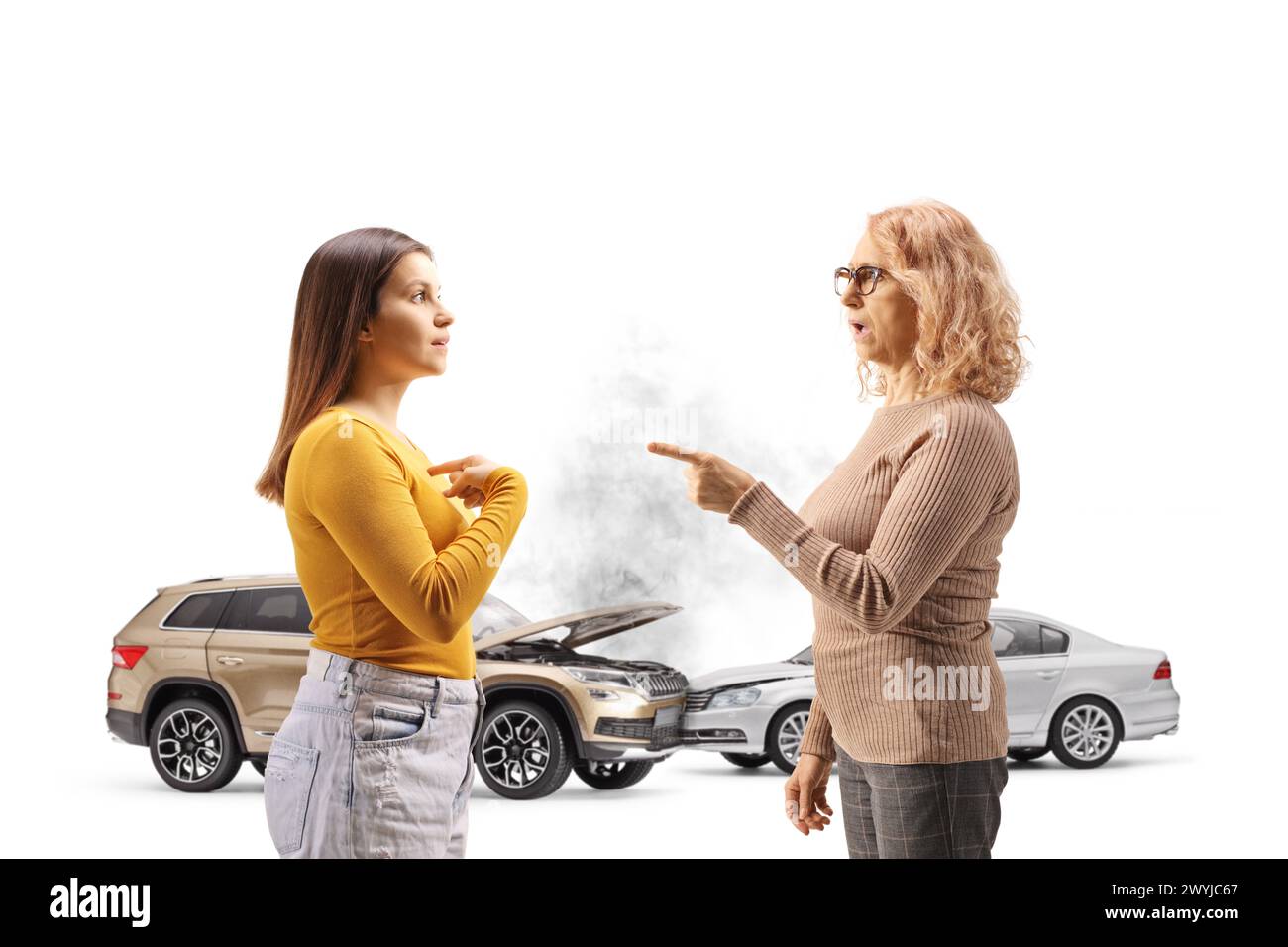 Immagine del profilo di una donna che litiga dopo una collisione con un'auto isolata su sfondo bianco Foto Stock