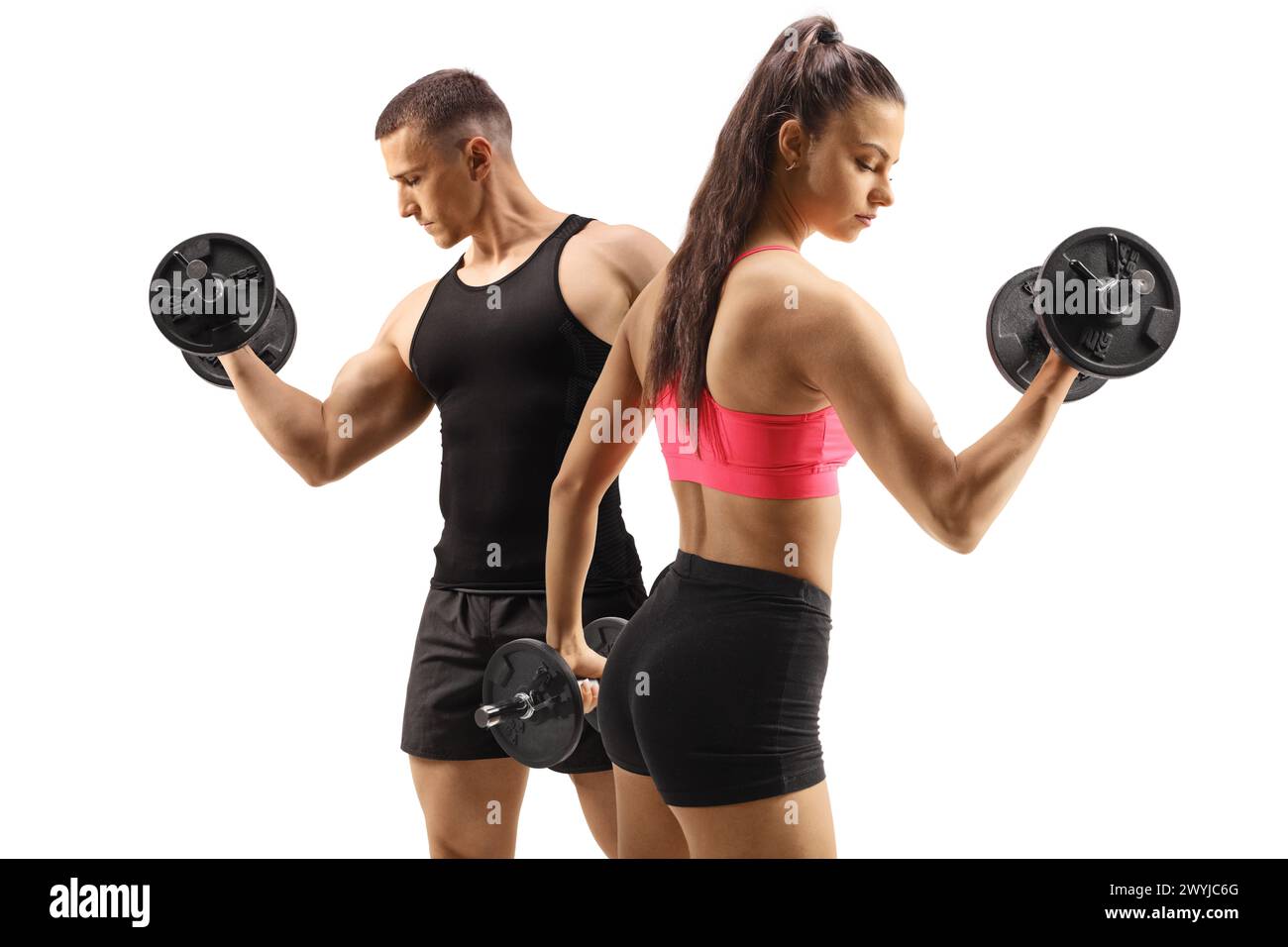 Uomo e donna che esercitano l'allenamento con pesi con un manubrio isolato su sfondo bianco, concetto di sport e fitness Foto Stock