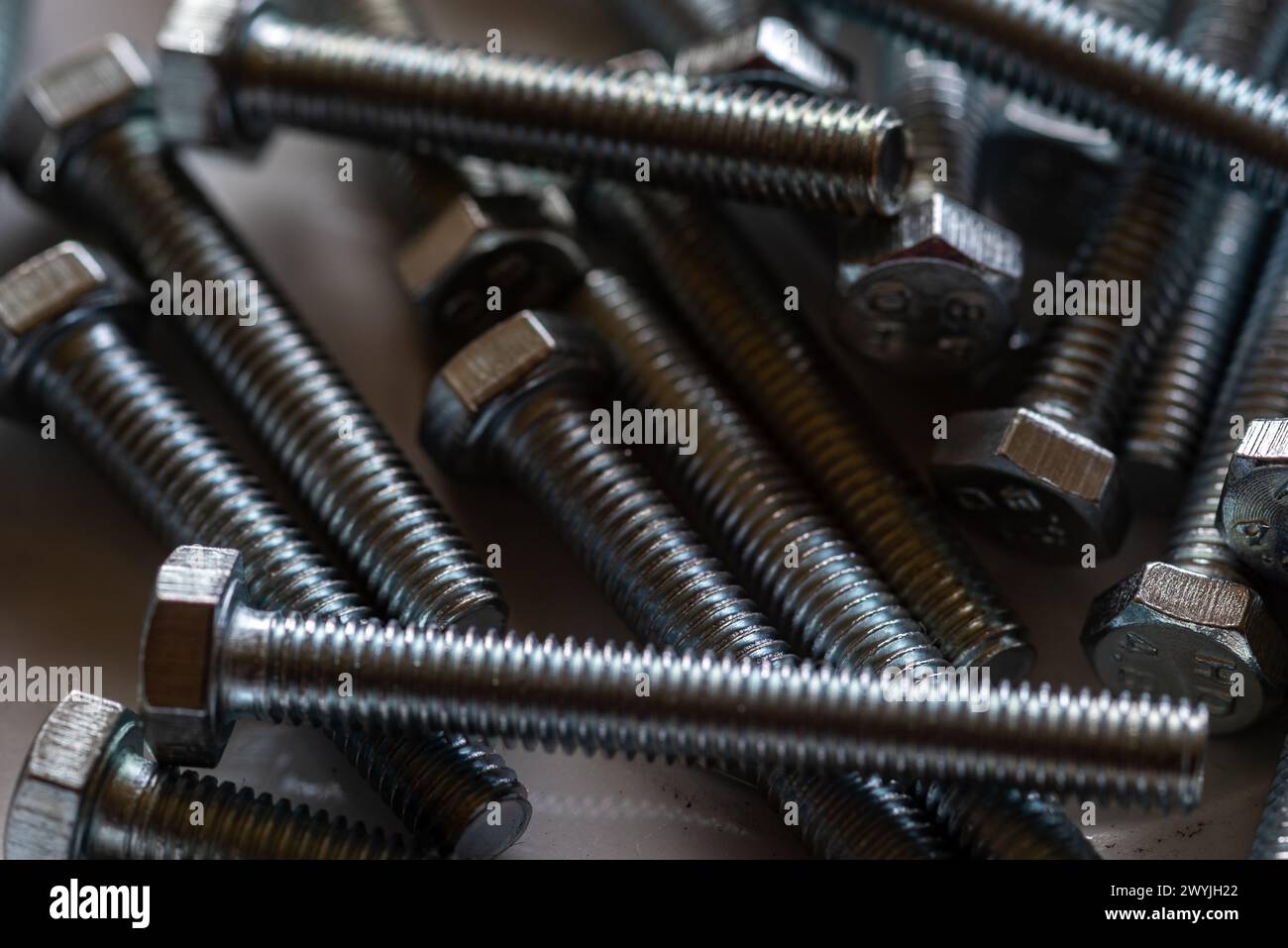 Primo piano di molte viti lunghe in argento. Foto Stock