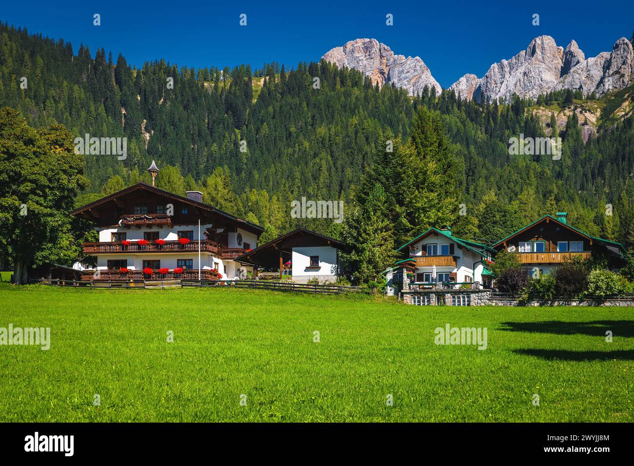 Spettacolare villaggio alpino con case tradizionali sulla collina e splendide alte montagne sullo sfondo, gruppo di montagna Dachstein, Ramsau am Dachste Foto Stock