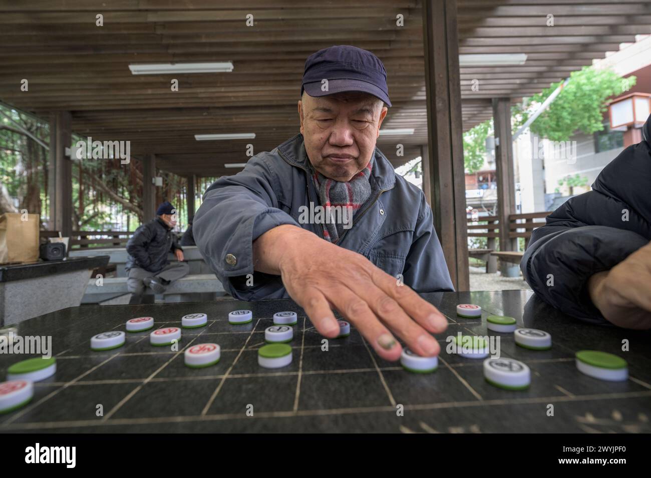 Gli uomini anziani si sono concentrati profondamente su un gioco da tavolo strategico Foto Stock
