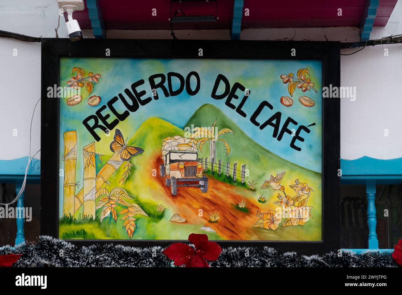 Colombia, Quindio, Filandia, pittura che promuove la regione del caffè Foto Stock