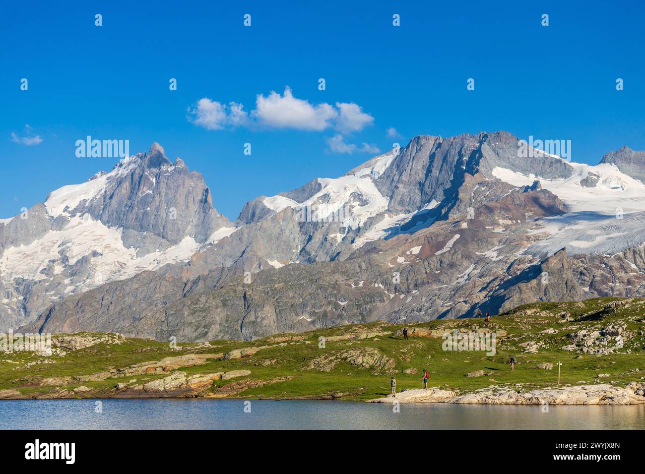 Francia, Hautes-Alpes, la grave, altopiano Emparis, bivacco a Lac Noir (2435 m), belvedere sulla parete nord del Meije (3983 m) e Râteau (3809 m) nel Parco Nazionale Ecrins Foto Stock
