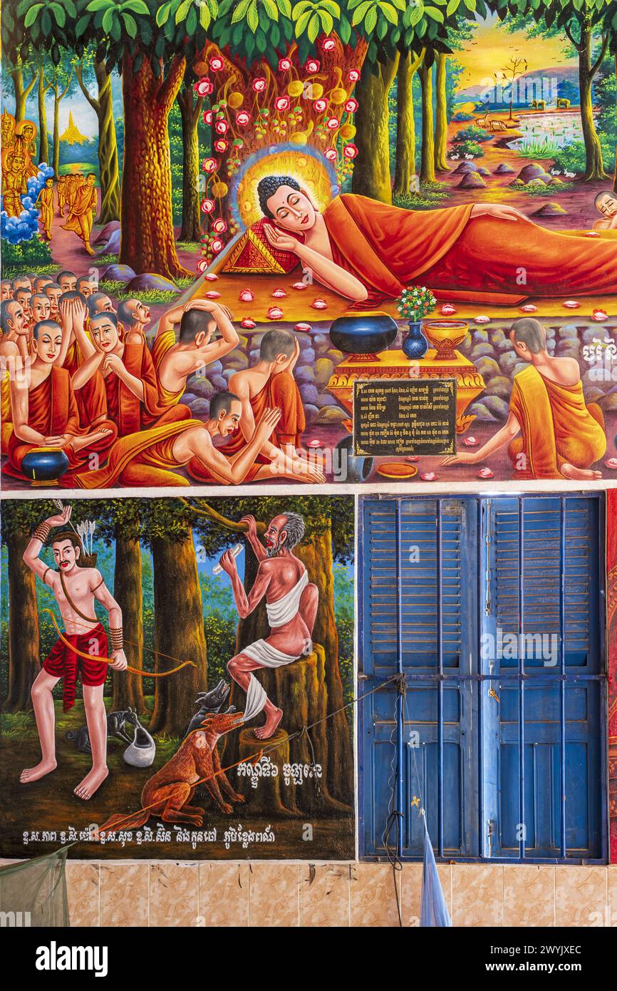 Cambogia, provincia di Kampong Chhnang, Kampong Leng, pagoda Kiri Raksmey, dipinti della vita di Buddha Foto Stock